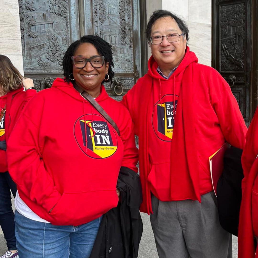 CFTH Executive Director Sesany Fennie-Jones (left) and Gary Akizuki (right) in Olympia, WA, on Housing and Homelessness Advocacy Day 2024.